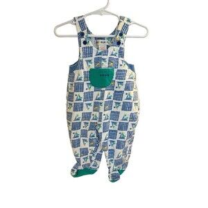 Gymboree Vintage Rainbow Tag Sailboat Gingham Nautical Print Footed Overalls
